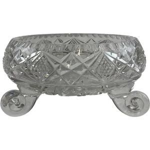 English Tri Footed Crystal Glass 9" Bowl Fruit Starry Cut Decor Chipped - Picture 1 of 8
