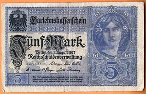 GERMANY 1917 Reichsschuldenverwaltung 5  Mark  Banknote Paper Money Bill P- 56a - Picture 1 of 2