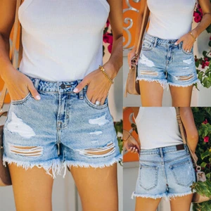 Pantalones Cortos de Denim Verano Pantalones de mezclilla Deshilachados Cintura Media Rasgados Calientes Damas Mujeres Elastizados - Imagen 1 de 7