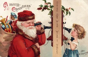 A Frohe Weihnachten Weihnachtsmann spricht mit Kind am Telefon Clapsaddle Santa Postkarte - Bild 1 von 2