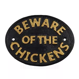 Beware of The Chickens Cast Iron Plaque Sign Wall Mounted Black & Gold 4 3/4 in - Picture 1 of 3