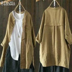 Retro Women's Cotton Linen Blouse Shirts Jacket Outwear Fashion Casual Oversize - Picture 1 of 10