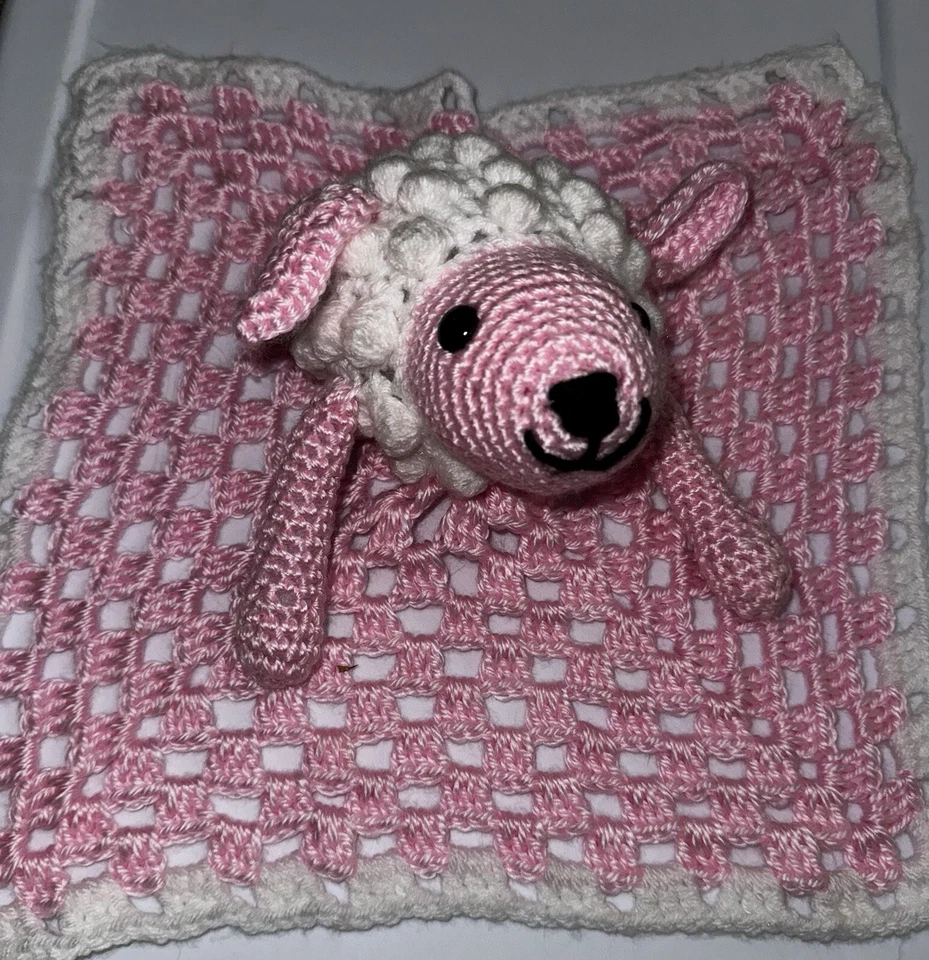 Manta de seguridad hecha a mano Baby Lovey Poodle rosa y blanco ganchillo ÚNICA EN SU CLASE Foto 1 de 2