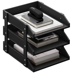Leather Desk Organizer, 3-Tier Stackable Letter Tray Holder for Office Suppli... - Picture 1 of 6
