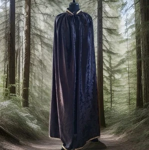Unisex langes Cape schwarz Crushed Samt Halloween Vampir König Königin Goldrand - Bild 1 von 3