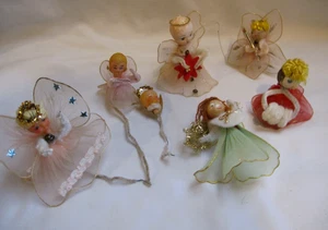 7-VTG Tulle Angel Xmas Ornament 1950 Spun Cotton Bisque head Beads Chenille Mica - Picture 1 of 21