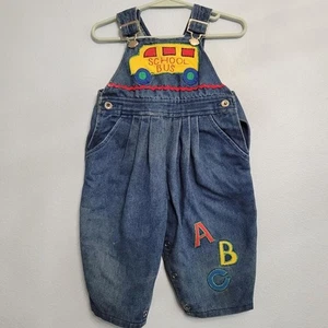 Vintage 90s Y2K Denim Overalls Pleated School Bus ABC's Girls Size 12-month - Picture 1 of 9