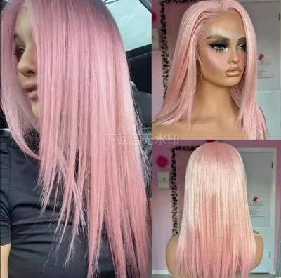 Light Pink Layered Human Hair 13x4 Lace Front Straight Wig Brazilian Remy Hair - Image 1 of 4