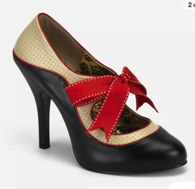 Bordello Años 40 TEMPT-27 Champagne y Negro con Tacones de Lazo Talla 10 Nuevo en Caja Foto 1 de 4