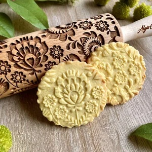 Embossed Wooden Rolling Pin with Floral Design for Pottery Cookies Pastry Use - Picture 1 of 7