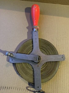 Vintage Lufkin 100 ft Metal Reel Surveyor Tape Measure Red Wood Handle - Picture 1 of 5