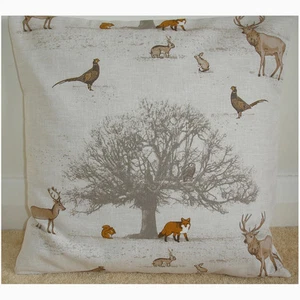 18" Cushion Cover Fox Squirrel Stag Pheasant Owl Rabbit Tree Taupe Woodland - Picture 1 of 1