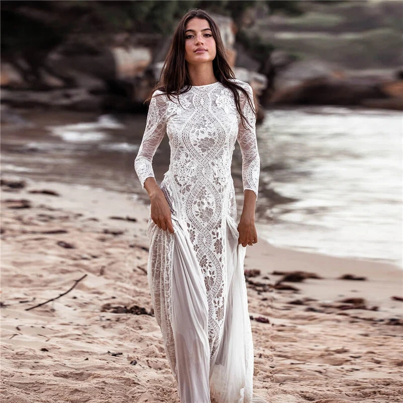 Boho White Wedding Dresses Round Neck Long Sleeved Lace Applique Bridal Gowns - Image 1 of 4