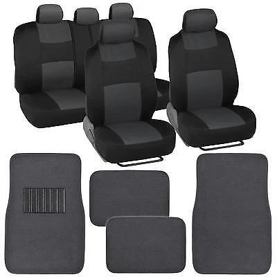 9 Pc Car Seat Covers Set Black and Charcoal w/ 4 Pc Charcoal Carpet Floor Mats - Image 1 of 4