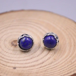 Pendientes de lapislázuli natural con pernos redondos gema plata esterlina 925   - Imagen 1 de 4