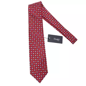 Drake's NWT Neck Tie in Red with Light Blue & White Geometric Pattern 100% Silk - Picture 1 of 9
