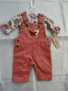 NWT Little Lass Pink Butterfly Cotton Overall 2 Piece Set in size 0-3 Months - Picture 1 of 4