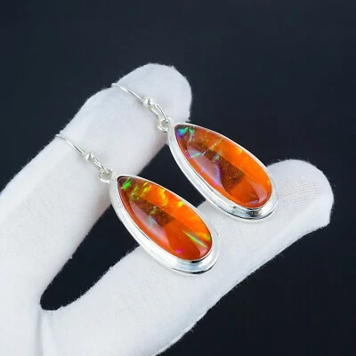 Arancione Opale Australiano Gemma Artigianale 925 Sterling Orecchini Argento Per - Immagine 1 di 4