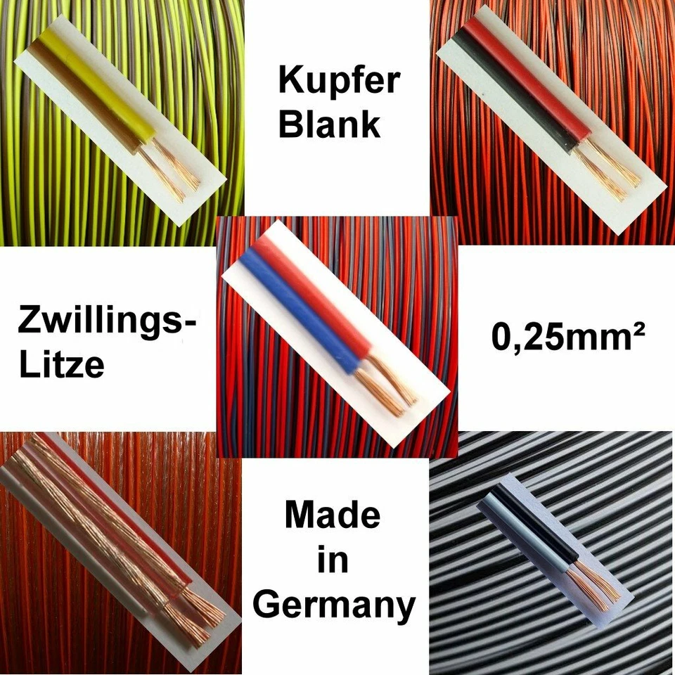 Kabel 0,25mm² Rot Schwarz Braun Gelb Schwarz Weiß Zwillingslitze 2-adrig