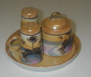 Hotta Yu Shoten Condiment Set Salt/Pepper/Mustard/Tray Hand Paint Pottery Japan - Picture 1 of 9