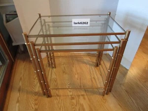 Vintage gold tone metal Nesting 3-tables Faux Bamboo & Glass Tops 1970's 20.75"W - Picture 1 of 13