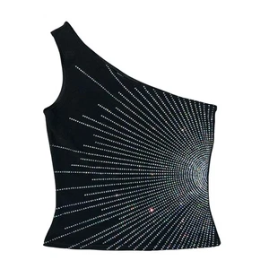 CAMISETA SIN MANGAS ASIMÉTRICA DE UN HOMBRO VINTAGE AÑOS 90 'NEW LOOK' NEGRA PLATA DIAMANTADA GLAM S - Imagen 1 de 6