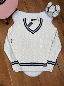 Polo Ralph Lauren Men’s The Iconic Cricket Sweater Cream Blue Stripe Jumper XL - Picture 1 of 22