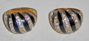 Two Gold Electroplate Rings Black Enamel Clear Rhinestones Size 7.75 Stamped IM - Picture 1 of 5