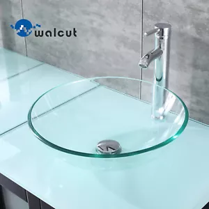 Bathroom Vessel Sink Round Tempered Glass Basin Faucet& Pop-up Drain Combo Set - Picture 1 of 11