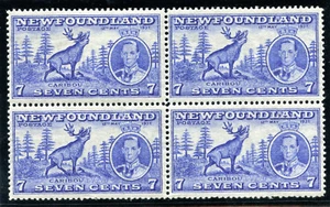 Newfoundland 1937 KGVI Coronation 7c block shows RE-ENTRY vfm/mnh. SG 259, 259b. - Picture 1 of 2