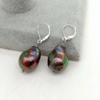 20MM Black  Keshi Pearl Earrings-Silver Lever Back - Image 1 of 4