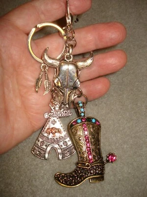 6" Drop "Cowgirl", Cow Girl Rhinestone Boot Steer Skull & Tee Pee Key Ring Glitz - Image 1 of 4