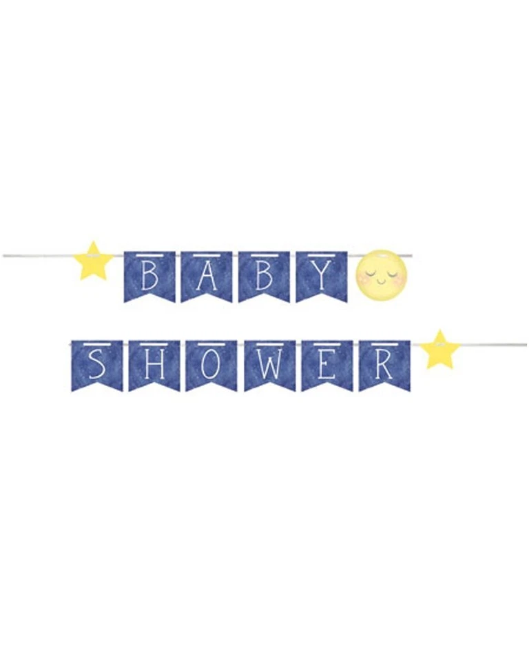 Moon and Back Stars Night Sky Space Baby Shower Party Shaped Ribbon Banner - Image 1 of 1