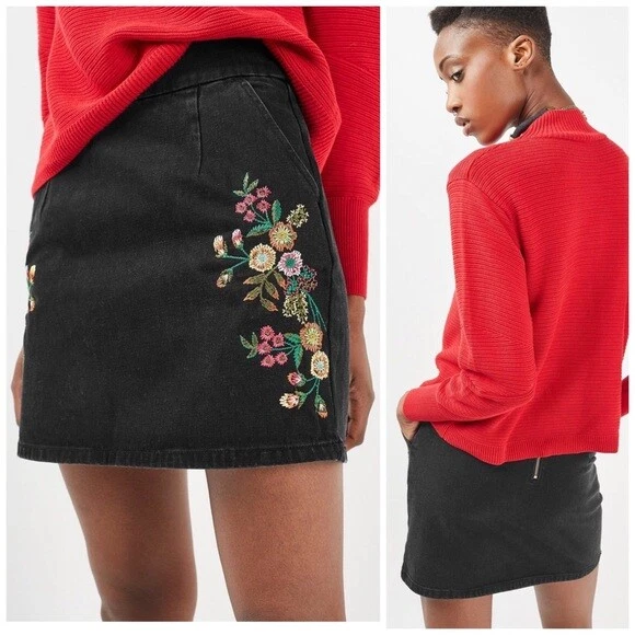 Falda Topshop MOTO Bordada Limpia Línea A (Talla: 2) Foto 1 de 4