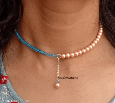 Rose Gold Pearl and Blue topaz Beads Chain Necklace Beaded Jewelry Gifted - Image 1 of 4