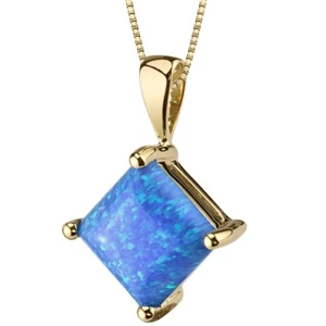 14K Yellow Gold Princess Cut 1.00 ct Created Blue Opal Pendant, 18" - Picture 1 of 4