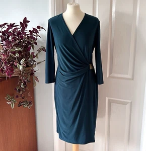 Anne Klein Dress Green UK 12 Elegant Wrap Style V-Neck Long Sleeve Minimalist - Picture 1 of 12