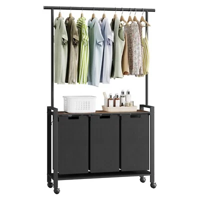3 Section Laundry Hamper Sorter w/Clothes Hanging Rod & Wooden Storage Shelf - Image 1 of 4