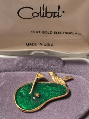 Colibri Golf Pin Tack 18kt Gold EP And Enamel BIRDIE PUTTING GREEN Original Box - Image 1 of 4