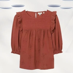 Ex Fat Face Women’s 3/4 Sleeve Embroidered Top in Brown - Picture 1 of 5