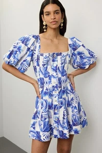 FARM Rio Garden Tiles Linen Blend Mini Dress Blue Puff Sleeve Size Large NWT - Picture 1 of 3