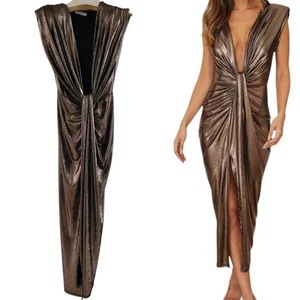 Vestido Milio Milano Metálico Profundo V Sin Mangas Mediano Frontal Abertura Almohadillas para el Hombro - Imagen 1 de 20