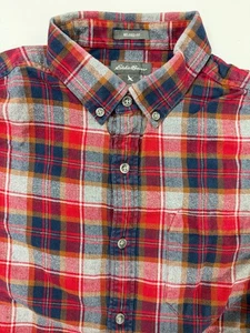 Eddie Bauer Flannel Shirt Men Medium Relaxed Gray Red Navy Plaid Heavy Cotton - Picture 1 of 17