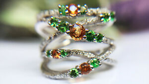 Orange Citrine, Green Emerald & Clear Shiny CZ Elegantly Arranged In 925 SS Ring
