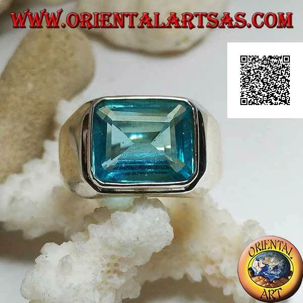 Anello in Argento 925‰ con topazio azzurro rettangolare in orizzontale rialzato - Immagine 1 di 1