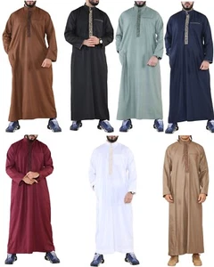 Uomo Thobe Jubba Emirati Islamico Arabo Eid Ricamo Kaftano Jubbah Vestaglia - Picture 1 of 49