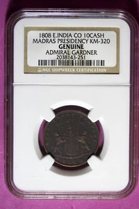 1808 NGC Genuine Admiral Gardner East India Company 10 Cash Copper Coin #B45108 - Picture 1 of 2