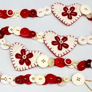 Buy 1-6 COTTAGECORE VALENTINE DAY BANNER Homespun Handmade HEART BUTTON STREAMER - Picture 1 of 16