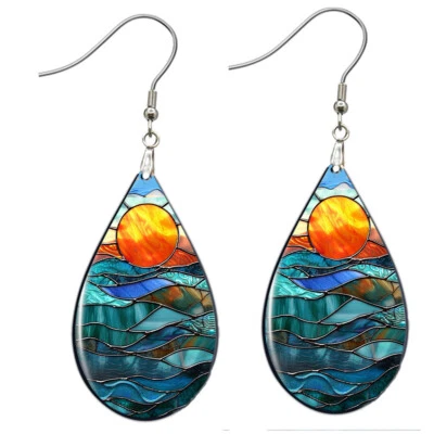 Brincos de praia de vitral falso arte pôr do sol oceano lágrima SEM MANCHAR madeira - Imagem 1 de 4