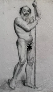 Antique Drawing Original Charcoal Nude Man Portrait with Cane - Picture 1 of 8